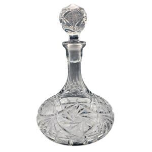 Vintage Deep Cut Glass Ship's Decanter Starburst Pinwheel Pattern Stopper 8 In